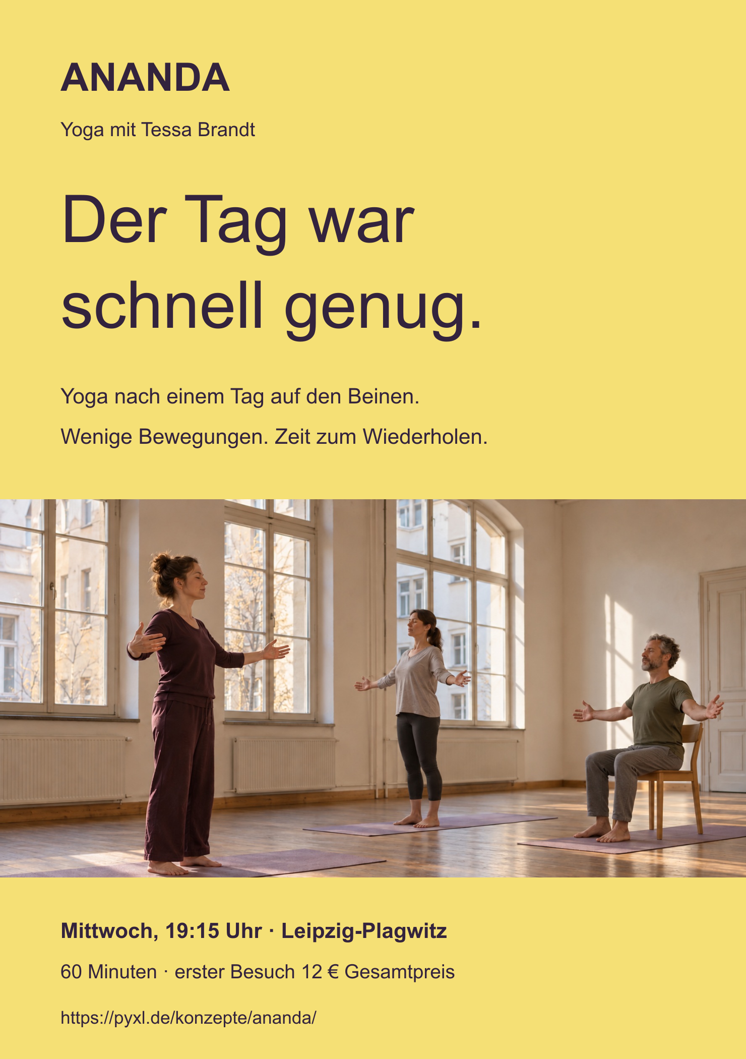 Vorderseite des Flyers von ANANDA, passend zu Haltung und Ansprache der Website