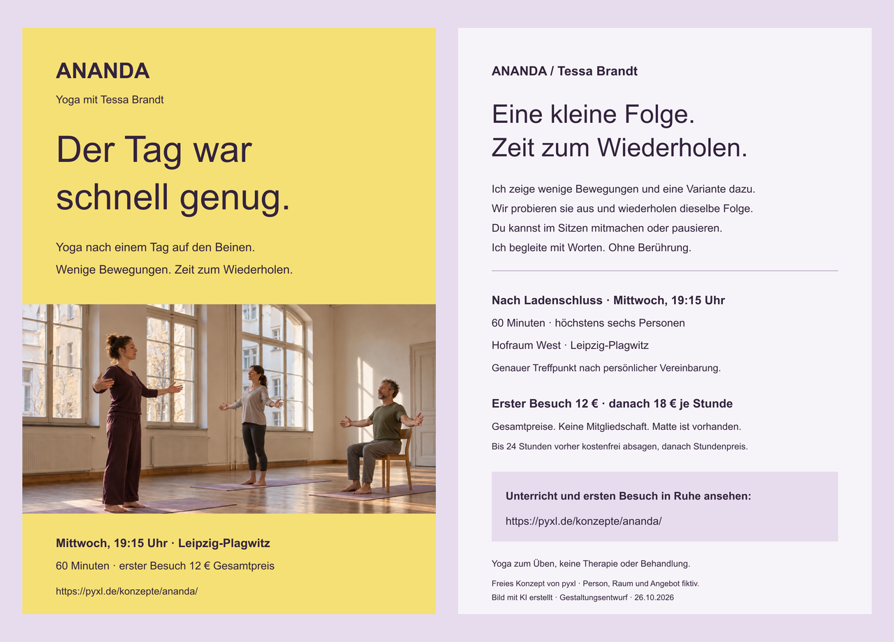 Vorder- und Rückseite des ANANDA-A5-Flyers: gelbe Einladung mit Unterrichtsbild und klare Rückseite mit Tessa, Ablauf, Preisen und Websiteadresse