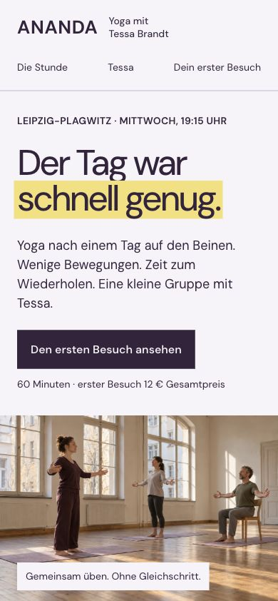Eigenständig aufgenommene Mobilansicht der Website von ANANDA