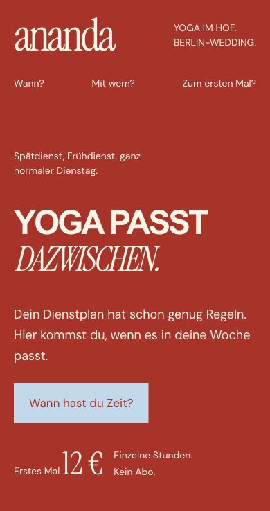 Eigenständig aufgenommene Mobilansicht der Website von ANANDA