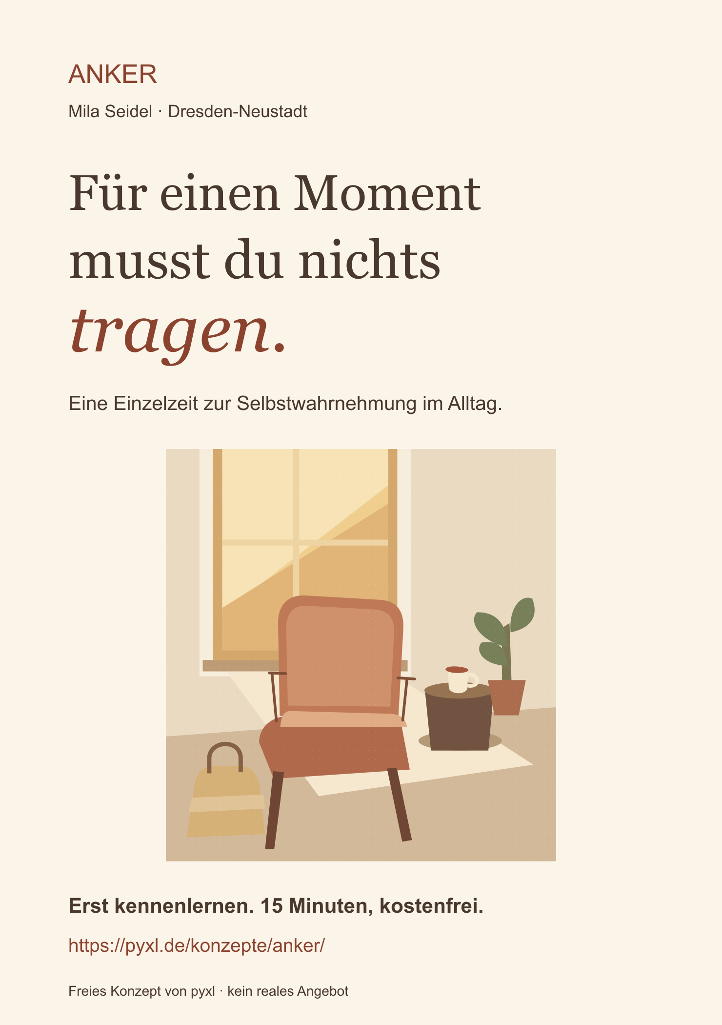 Vorderseite des Flyers von ANKER, passend zu Haltung und Ansprache der Website
