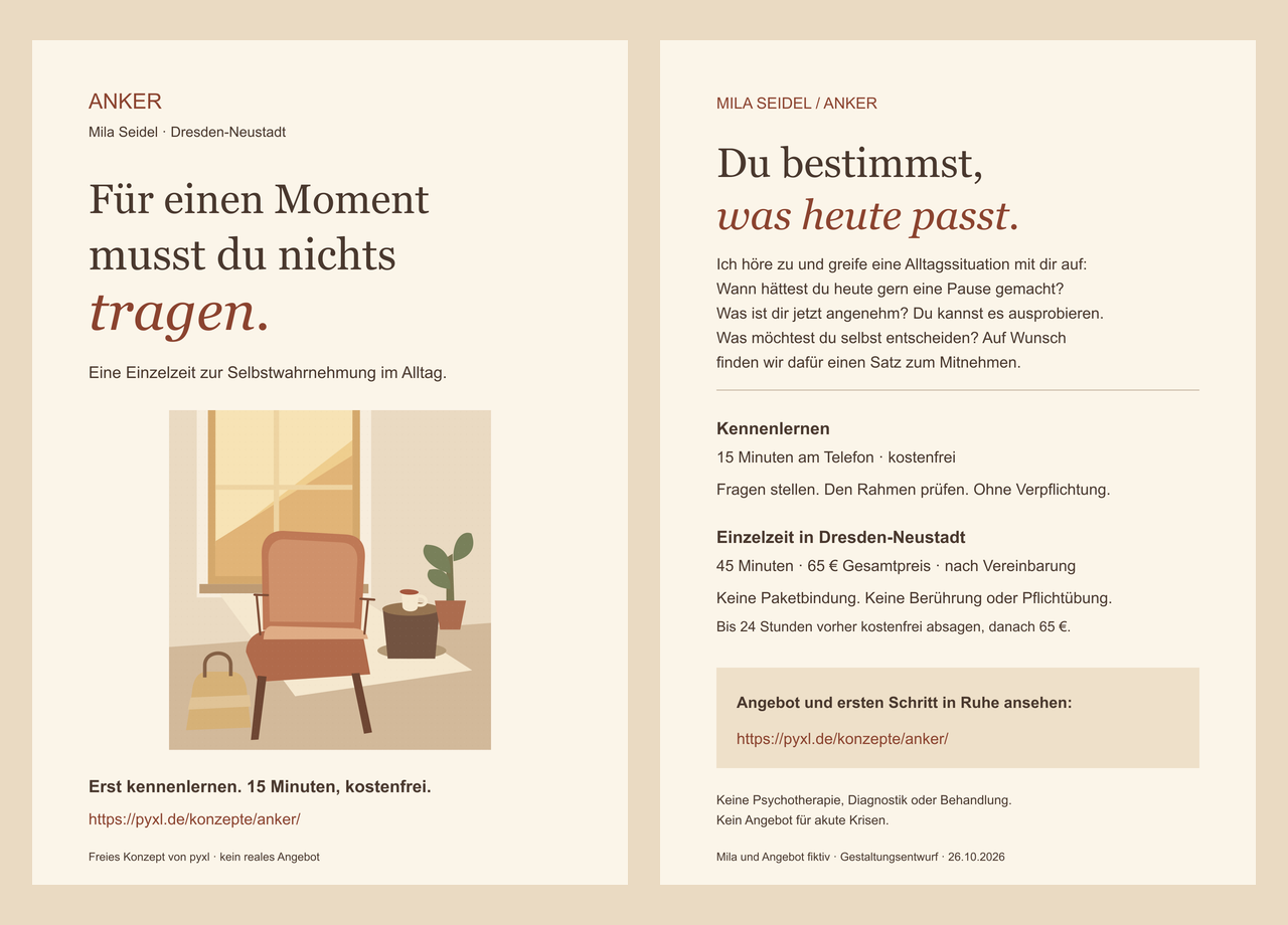 Vollständige Vorder- und Rückseite des A5-Flyers für ANKER: Einladung mit Stuhlillustration und konkrete Angebotsinformationen mit Websiteadresse