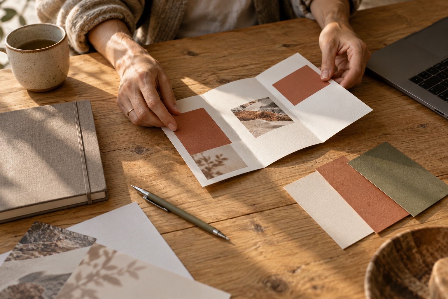 Hände ordnen Papier und Gestaltungsmaterial an einem hellen Arbeitstisch