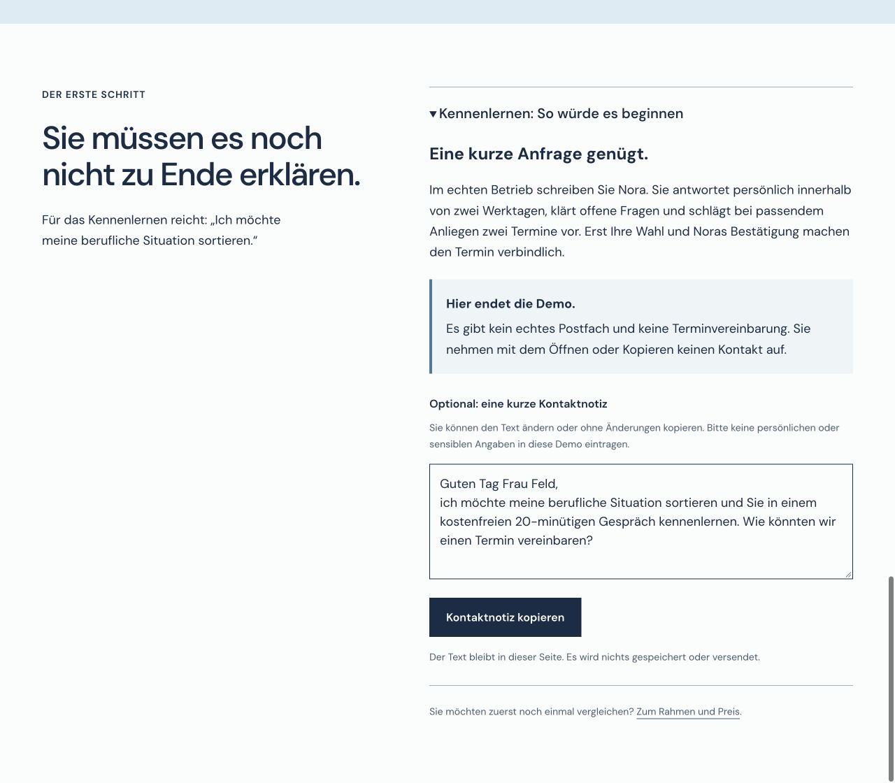 Geöffneter Kontaktbereich der klar.-Website mit dem klaren Hinweis Hier endet die Demo, freiwilliger Kontaktnotiz und Kopierfunktion