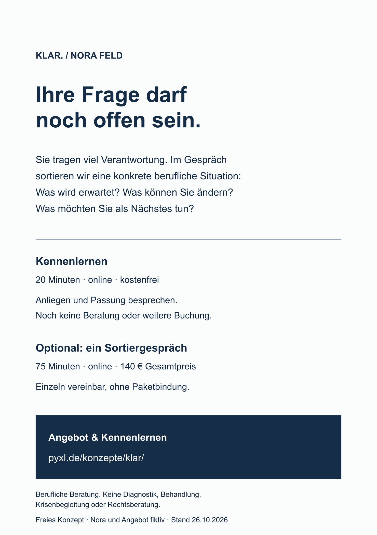 Flyer-Rückseite mit Beratung, 20 Minuten kostenfreiem Kennenlernen, 75 Minuten für 140 Euro und ausgeschriebener Websiteadresse.