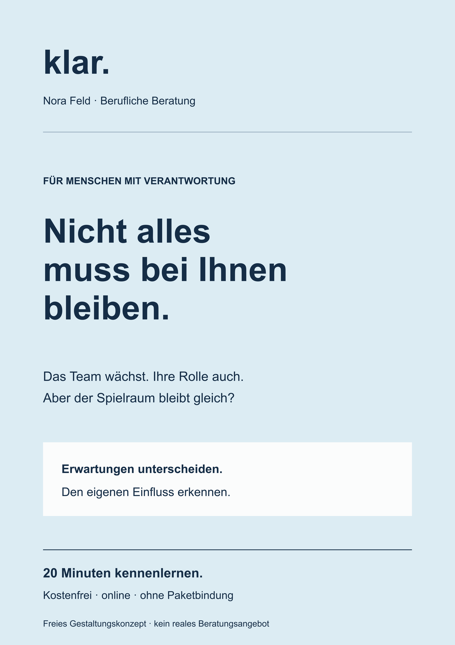 Vorderseite des Flyers von klar., passend zu Haltung und Ansprache der Website