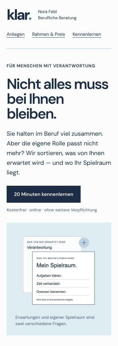 Eigenständig aufgenommene Mobilansicht der Website von klar.