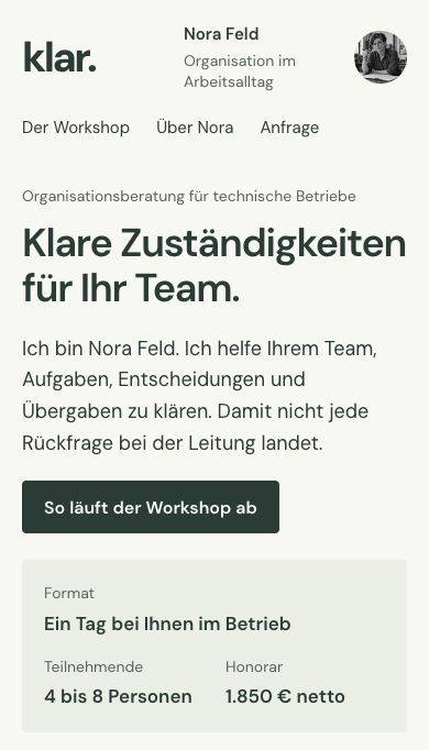Eigenständig aufgenommene Mobilansicht der Website von klar.